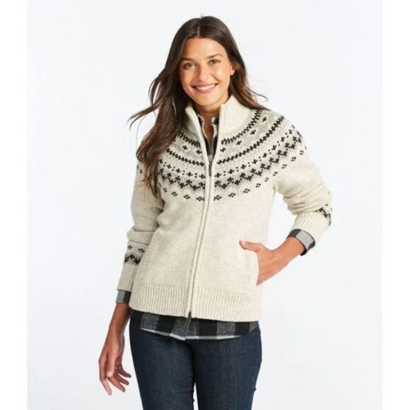 LL Bean Sweaters - L.L. Bean Classic Rag Wool Fair Isle Zip Cardigan - Cream/Black/Gray XL